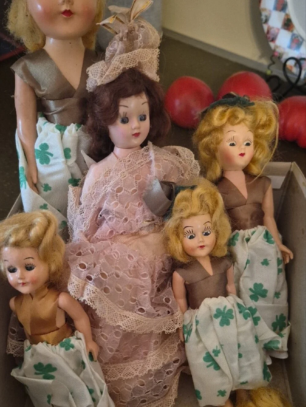 Set of Vintage Blonde and Brunette Play Dolls in Cream & Pink Dresses
